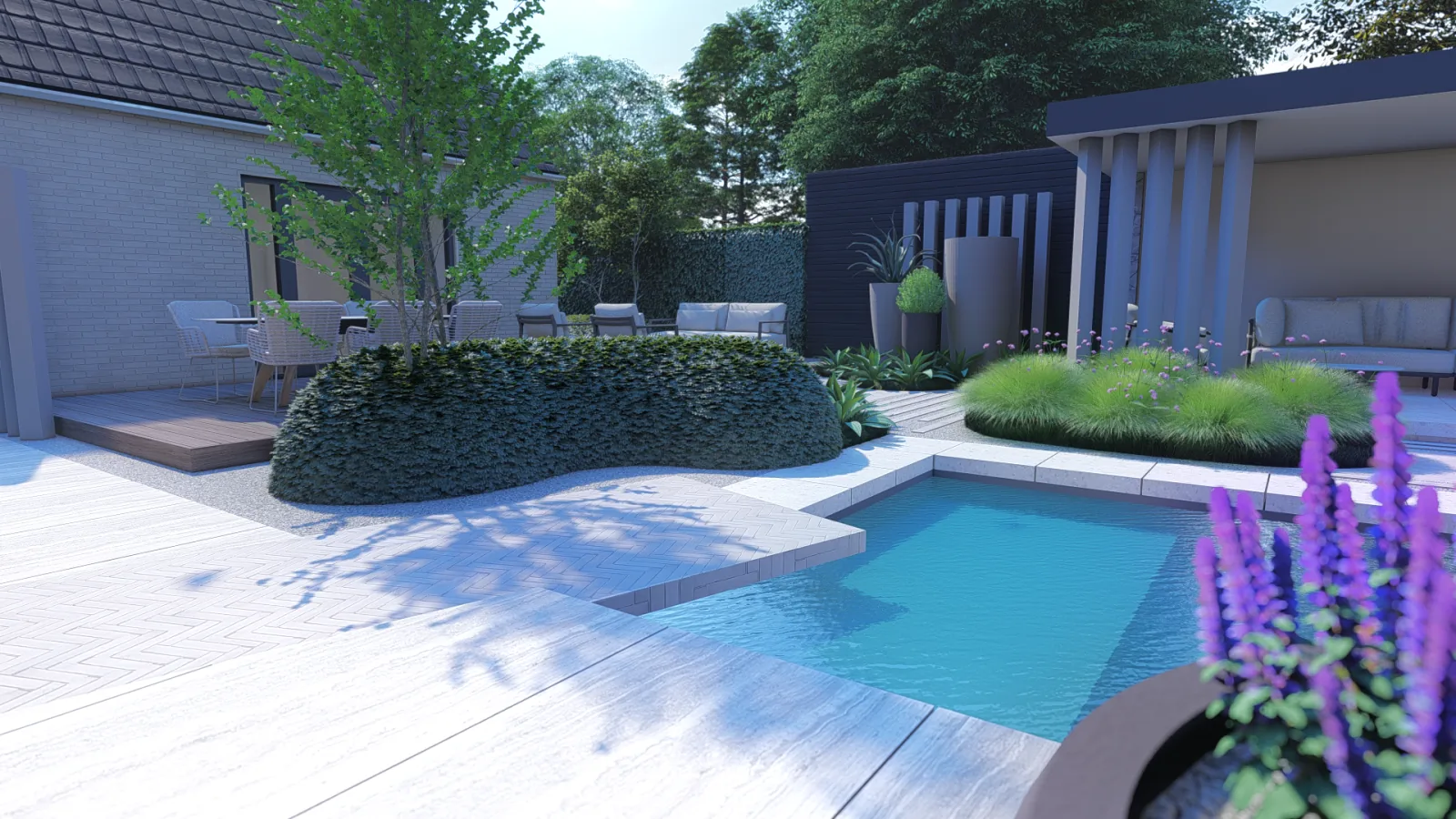 Strak vormgegeven tuin met terras en borders, ontworpen voor een woning in Heerhugowaard